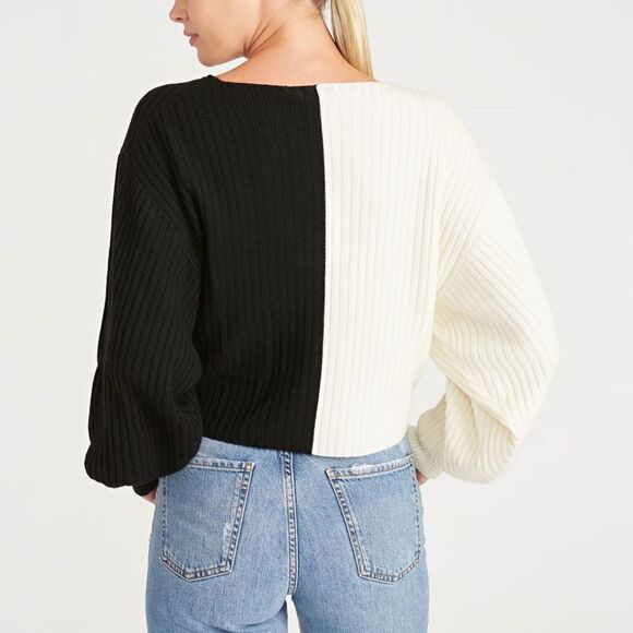 AMUR Cruz Twist Sweater - Black & Cream Off Shoulder 100% Merino Wool NWT Medium - Picture 2 of 7